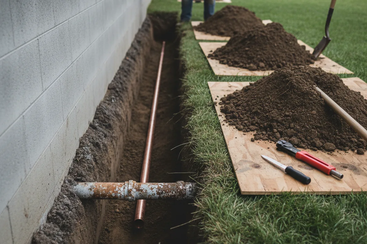 Excavated water line trench during Water Heater Repair in Toughkenamon